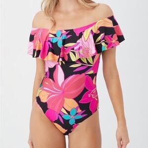 Trina Turk Solar Floral Off the Shoulder one piece jewel tone swimsuit size 10